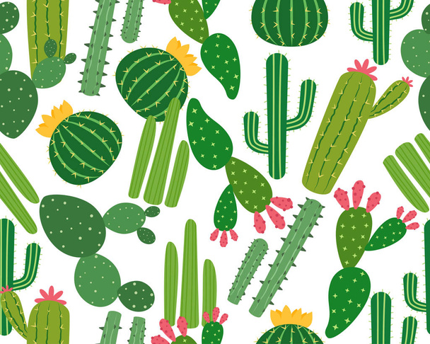 Patrón sin costura de muchos cactus aislados sobre fondo blanco - Ilustración vectorial
 - Vector, imagen