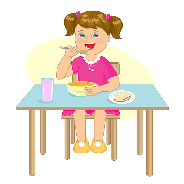 小さな女の子はテーブルに座りながらスープを食べる。ベクトルイラスト. - ベクター画像