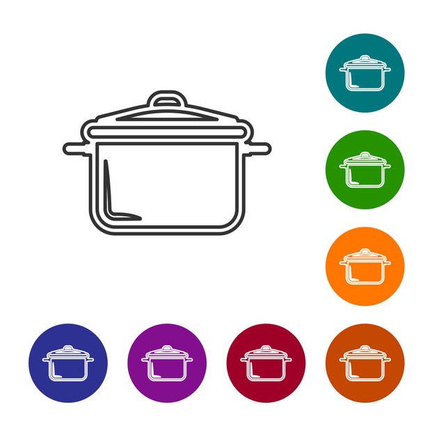 Сіра лінія значок для приготування їжі ізольовано на білому тлі. Відварювати або готувати їжу символ. Встановити піктограму на кнопках кола кольорів. Векторна ілюстрація
 - Вектор, зображення