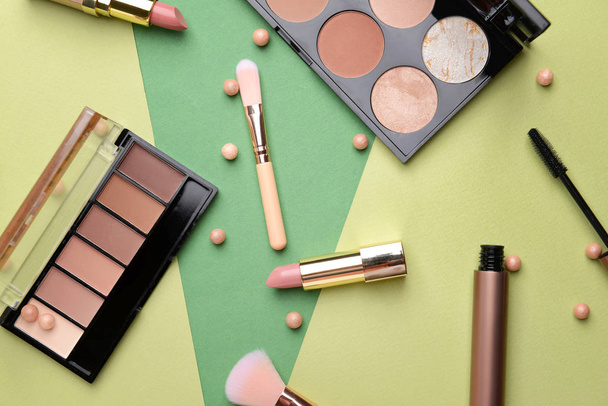 Set of makeup cosmetics on color background - Photo, Image