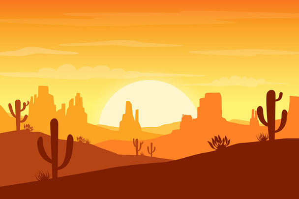 Пустельний пейзаж на заході сонця з кактусом та фоном силуетів пагорбів Векторні ілюстрації
 - Вектор, зображення