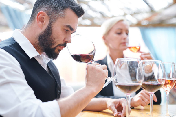 Young serious sommelier feeling smell of red wine while holding wineglass by his nose during work in cellar - Foto, imagen