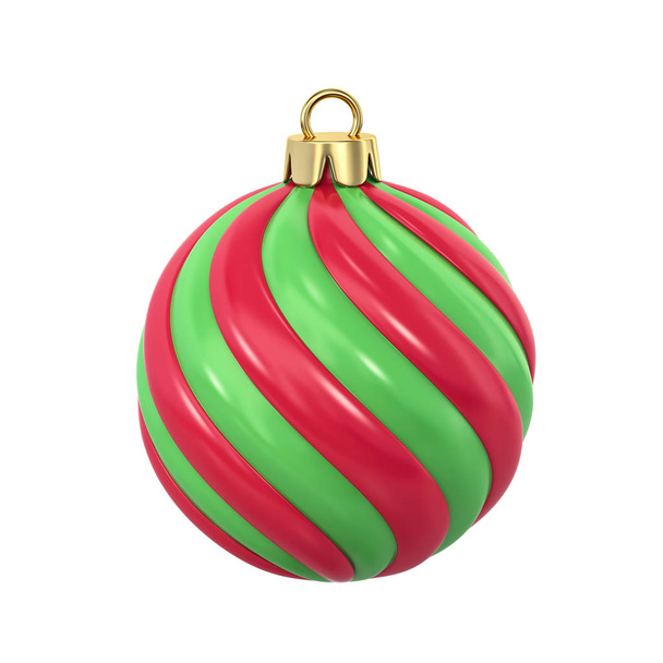 Κόκκινη και πράσινη ριγέ Χριστουγεννιάτικη μπάλα απομονωμένη σε λευκό. Αποκοπής - Φωτογραφία, εικόνα