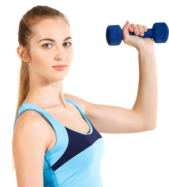 Sporty woman with blue barbells - Foto, Imagen