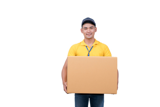 delivery asian man. Happy young courier holding  box and smiling - Photo, Image