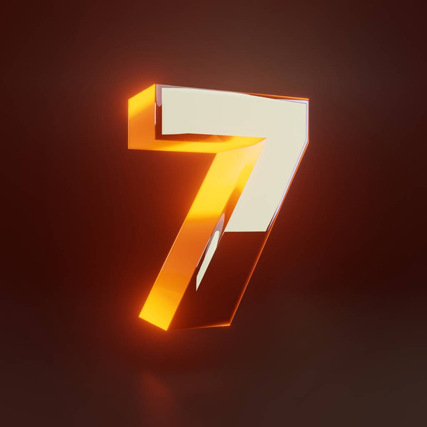 3D-nummer 7. Gloeiend glanzend metallic lettertype met oranje lampjes geïsoleerd op zwarte achtergrond. - Foto, afbeelding