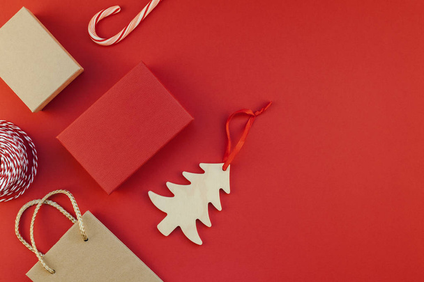 New Year or Christmas presents red background - Foto, Imagem