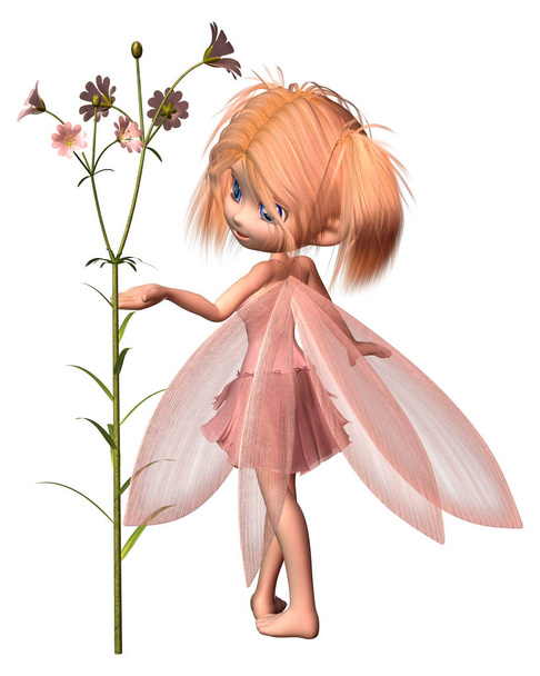 Fantasie-Illustration einer hübschen Toon-Fee mit rosa Blumen, Kleid und Flügeln, 3D digital gerenderte Illustration - Foto, Bild