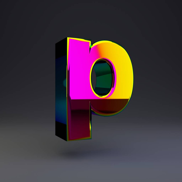 Holografikus 3D betű P kisbetűs. Fényes betűtípus többszínű reflexiók és árnyék izolált fekete háttér. - Fotó, kép