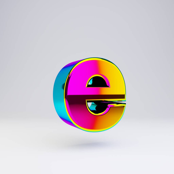 Ολογραφικό 3D γράμμα E πεζό. Γυαλιστερή γραμματοσειρά με πολύχρωμες αντανακλάσεις και σκιά απομονωμένη σε λευκό φόντο. - Φωτογραφία, εικόνα