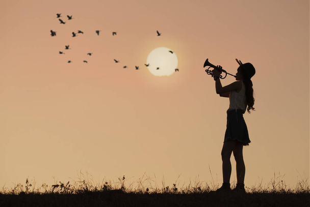 Donna suonare la tromba con il tramonto o l'alba sfondo
 - Foto, immagini