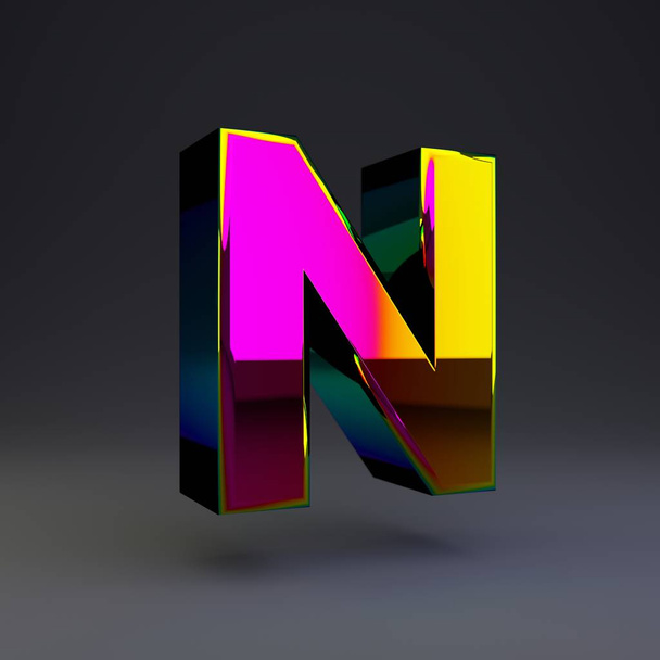 Holografikus 3D betű N nagybetűs. Fényes betűtípus többszínű reflexiók és árnyék izolált fekete háttér. - Fotó, kép