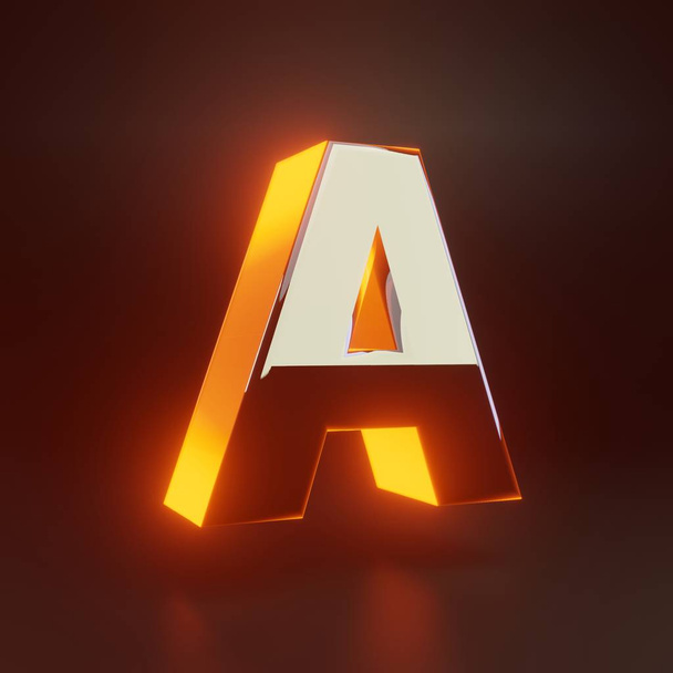 3d letter A uppercase. Glowing glossy metallic font with orange lights isolated on black background. - Photo, Image