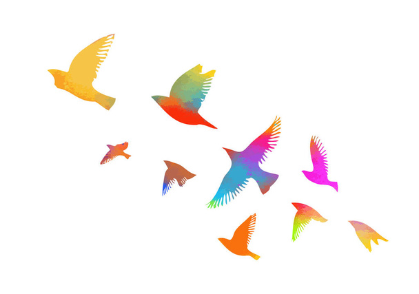 Різнокольорові птахи. Зграя літаючих райдужних птахів. Векторні ілюстрації
 - Вектор, зображення