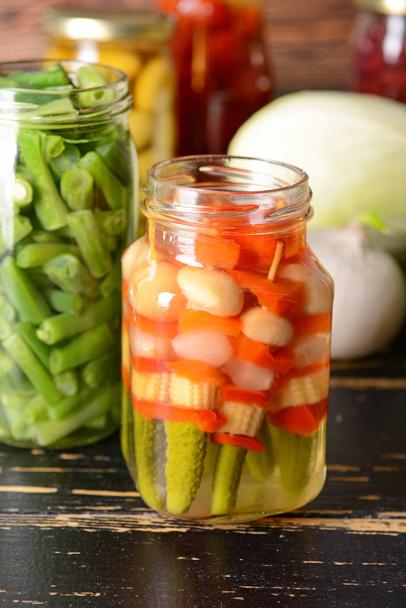 Jar with canned vegetables on table - Photo, Image