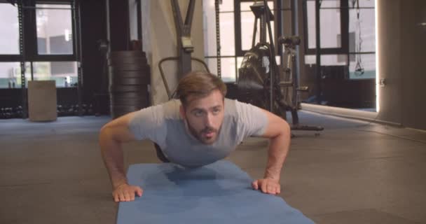 Gros plan portrait d'adulte attrayant homme caucasien athlétique faire push ups dans la salle de gym à l'intérieur
 - Séquence, vidéo