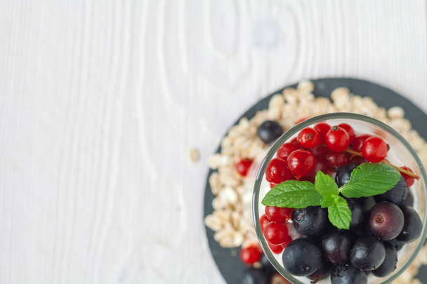 Healthy homemade greek yogurt with ribes, blueberries, oatmeal a - Φωτογραφία, εικόνα