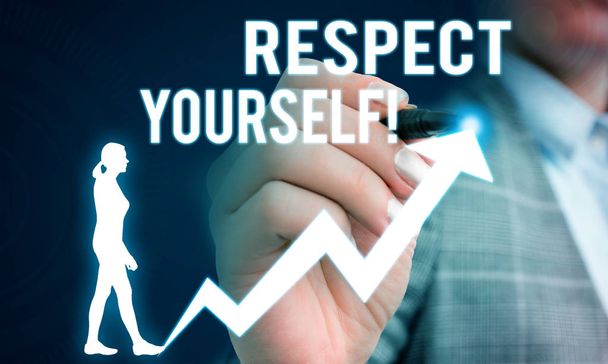 Handwriting text writing Respect Yourself. Concept meaning believing that you good and worthy being treated well Female human wear formal work suit presenting presentation use smart device. - Photo, Image