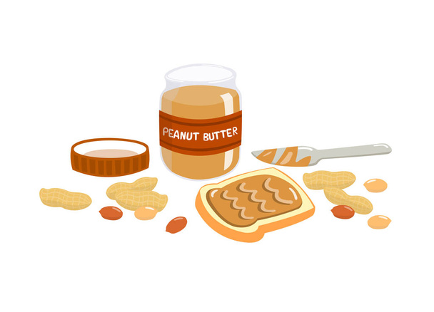 Арахисовое масло распространяется на хлеб с ножом для масла. Арахисовое масло, орех и хлеб изолированы на белом фоне
. - Вектор,изображение
