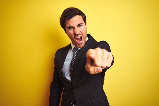 Young handsome businessman wearing suit and tie standing over isolated yellow background pointing displeased and frustrated to the camera, angry and furious with you - Photo, Image