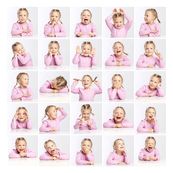Little girl in a pink sweater with different emotions. Collage.  - Photo, Image