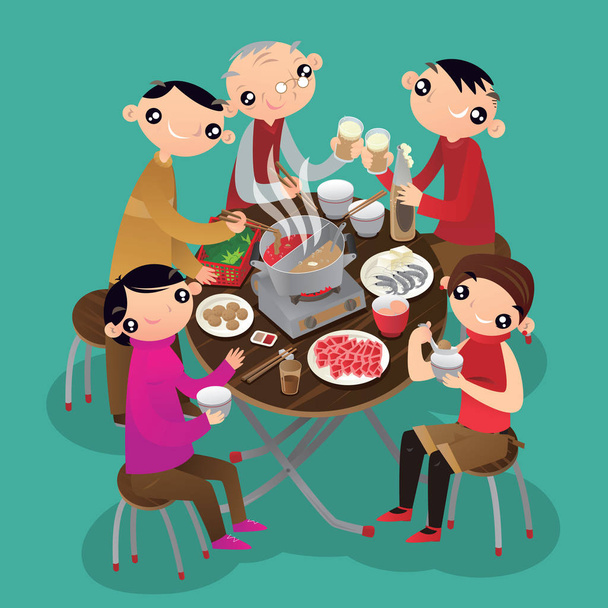 Cartoon illustration of Hong Kong people having a hot pot meal - Vector, Image