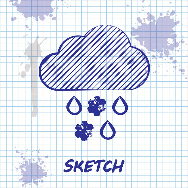 Σκίτσο γραμμή σύννεφο με το χιόνι και το εικονίδιο βροχής απομονώνονται σε λευκό φόντο. Εικονίδιο καιρού. Απεικόνιση διανυσματικών φορέων - Διάνυσμα, εικόνα