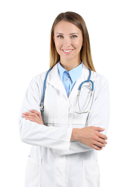 Female doctor with stethoscope on white background - Фото, зображення