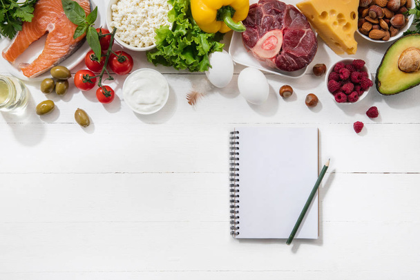 Dieta cetogênica de baixo carboidratos - seleção de alimentos em fundo branco
 - Foto, Imagem