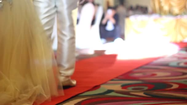 Pareja caminando sobre alfombra roja en fiesta de bodas
 - Imágenes, Vídeo