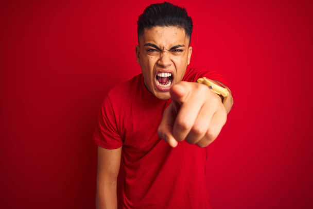 Young brazilian man wearing t-shirt standing over isolated red background pointing displeased and frustrated to the camera, angry and furious with you - Фото, изображение