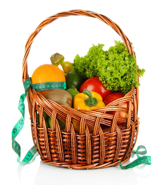 Fresh vegetables in wicker basket isolated on white - Фото, зображення