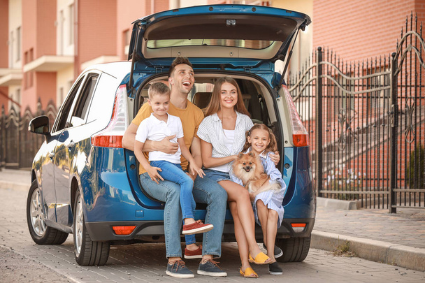 Счастливая семья рядом с машиной - Фото, изображение