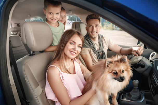 Onnellinen perhe koiran kanssa matkustaa autolla
 - Valokuva, kuva