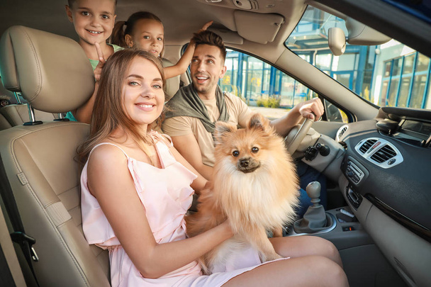 Gelukkige familie met hond reizen met de auto - Foto, afbeelding