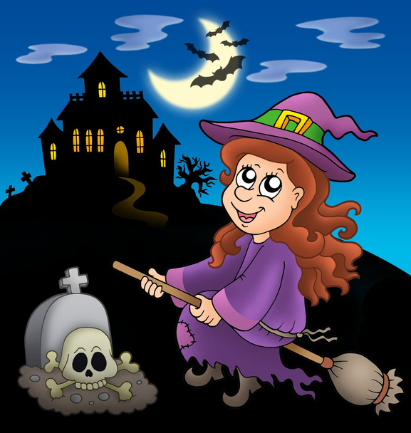 Cute witch on broom with mansion - Foto, immagini