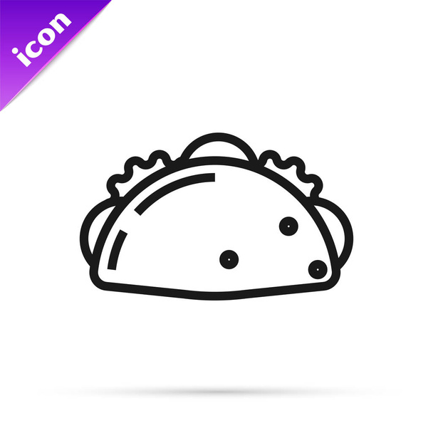 Černá čára Taco s ikonou tortilla izolované na bílém pozadí. Tradiční mexické fast food menu. Vektorová ilustrace - Vektor, obrázek