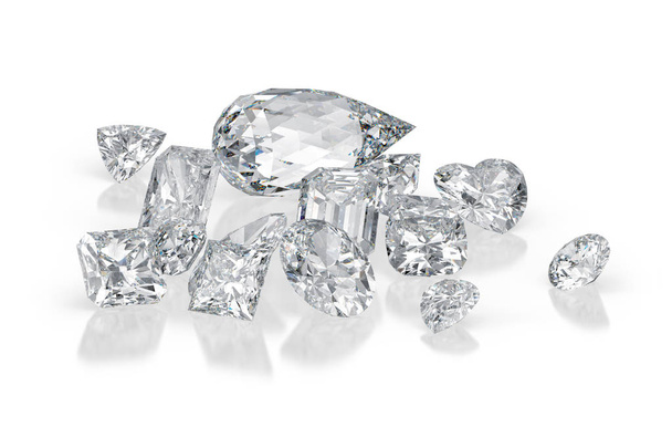 Diamonds different cuts on white background with reflections. 3d rendering - Photo, Image