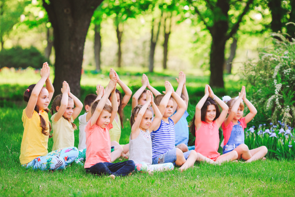 Μια μεγάλη ομάδα παιδιών που ασχολούνται με τη γιόγκα στο πάρκο κάθονται στο γρασίδι - Φωτογραφία, εικόνα