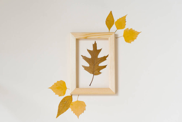 composición otoñal: hoja de otoño caída de roble marrón en un marco de madera con hojas amarillas alrededor sobre un fondo beige. Redacción plana minimalista
. - Foto, Imagen