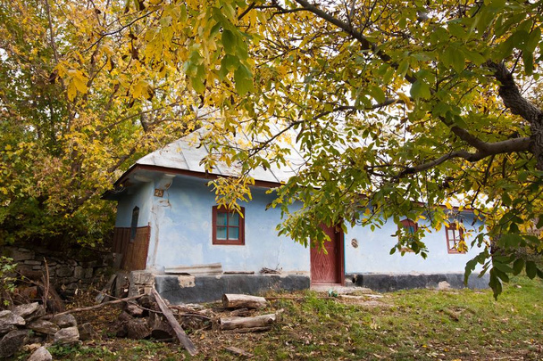 kopott és kopott régi vidéki ház diófa a Sivar udvarban, felhős őszi nap, zöld ökológiai turizmus - Fotó, kép
