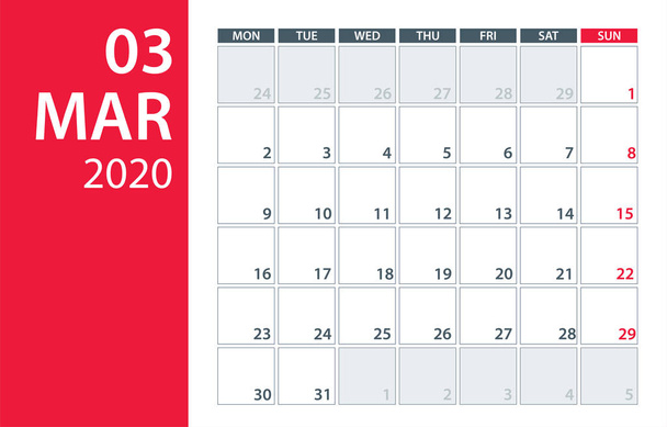 March 2020 Calendar Planner - vector illustration. Template. Mock up. - Vektor, Bild