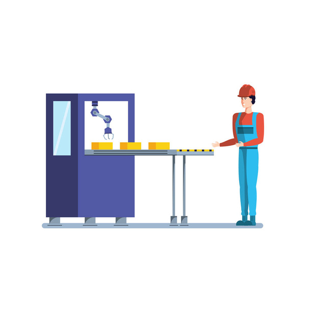 industrial production machine with worker character - Vector, Image