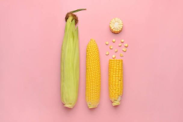 Čerstvé kukuřice cobs na barevném pozadí - Fotografie, Obrázek