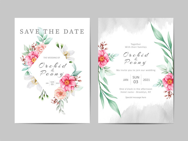 Burgundy floral wedding invitation cards template set - Vector, Image