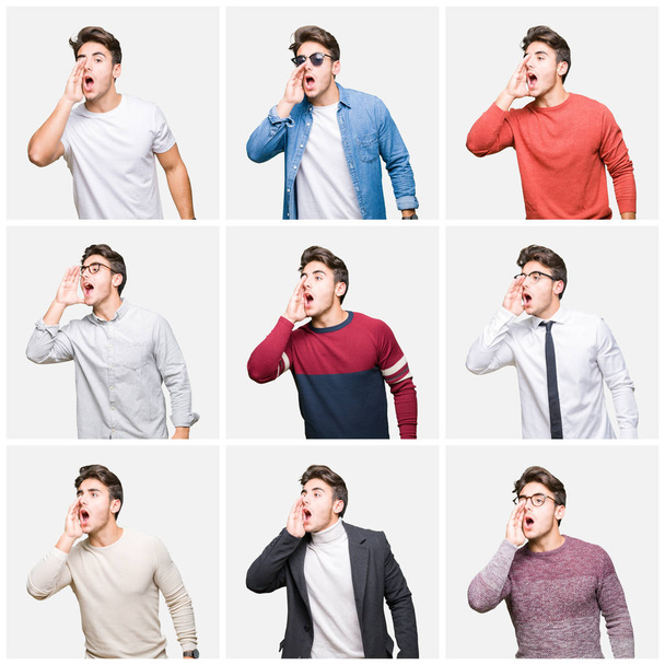 Collage of young handsome business man over isolated background shouting and screaming loud to side with hand on mouth. Communication concept. - Фото, зображення
