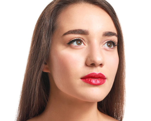 Beautiful young woman with bright lipstick on white background - Фото, зображення