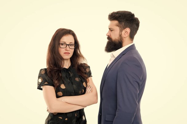 Nothing personal just business. Couple colleagues man with beard and pretty woman on white background. Business partners leadership and cooperation balance. Office job and business. Business concept - Foto, Bild