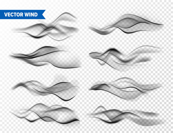 透明な背景に設定された現実的な風。空気中のベクトル蒸気、煙蒸気の流れ。霧、ミスト効果. - ベクター画像