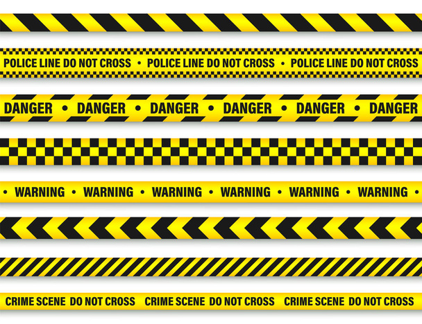 Sárga és fekete barikád építőipari Tape. Rendőrségi figyelmeztető vonal. Élénk színű veszélyt vagy veszélyt csíkos. Vektoros illusztráció. - Vektor, kép